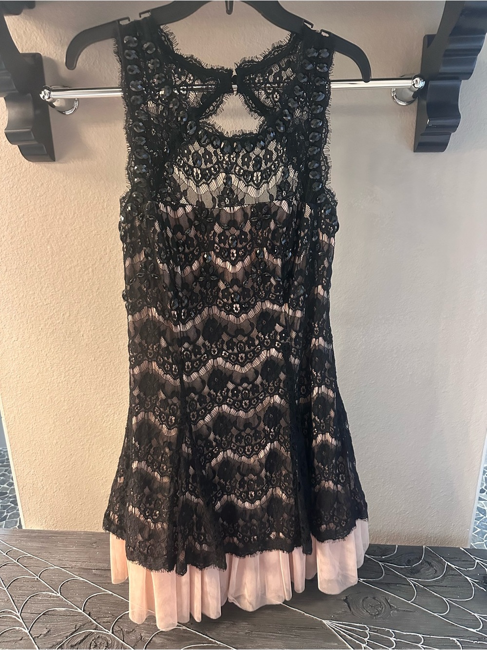 Betsy & Adam Black Lace Mini Dress with Blush Lining
